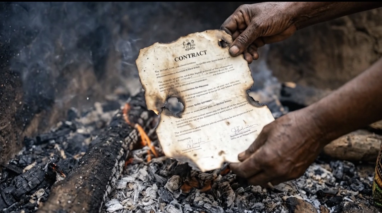 A burned contract being pulled from fire