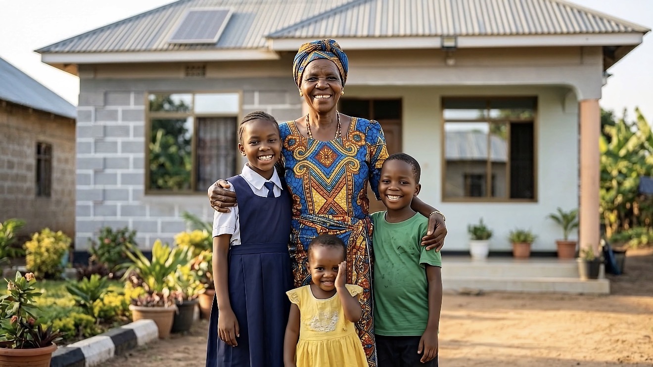 African grandmother with her grandchildren in front of their home